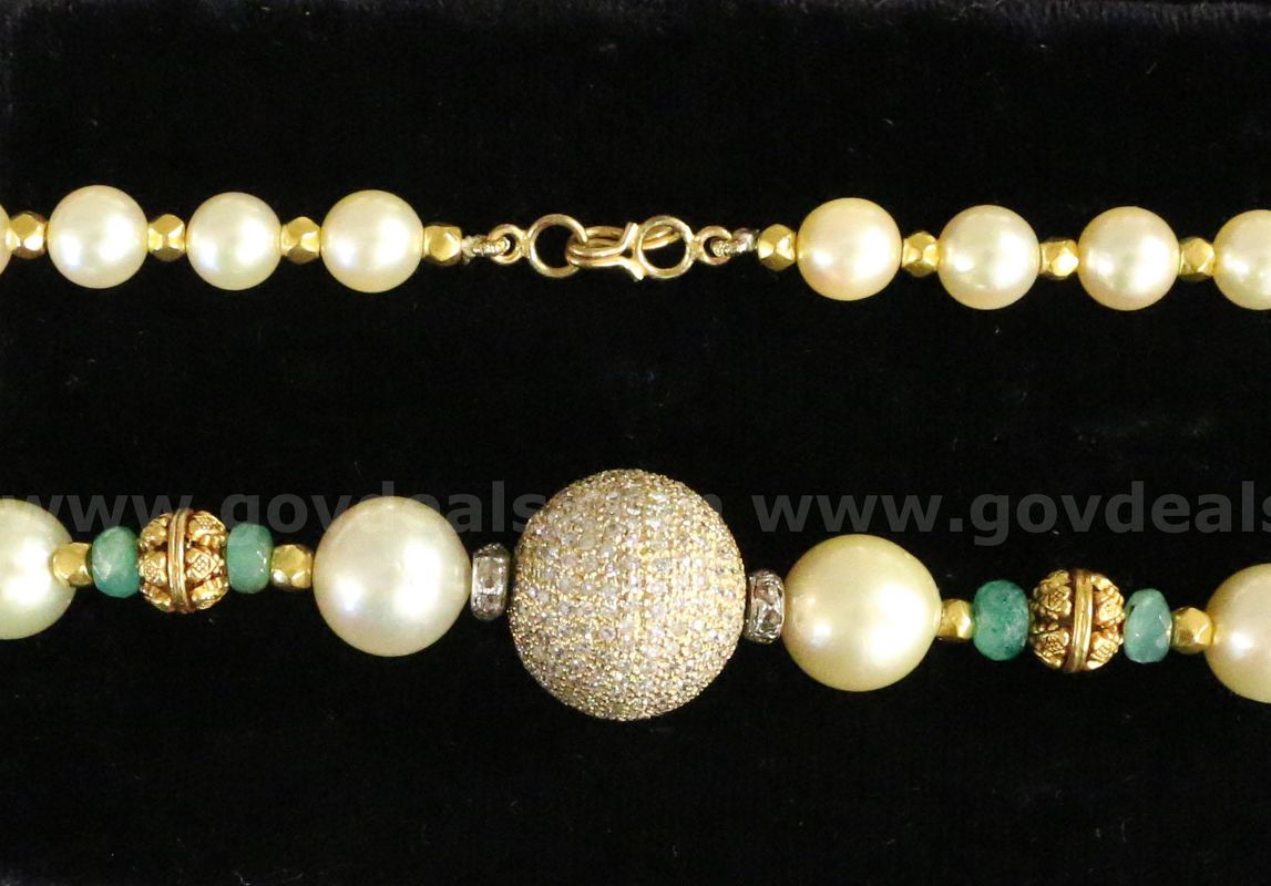 Pearl Necklace with 21k/14k Yellow Gold Beads and Diamonds, 38.4 Grams Total