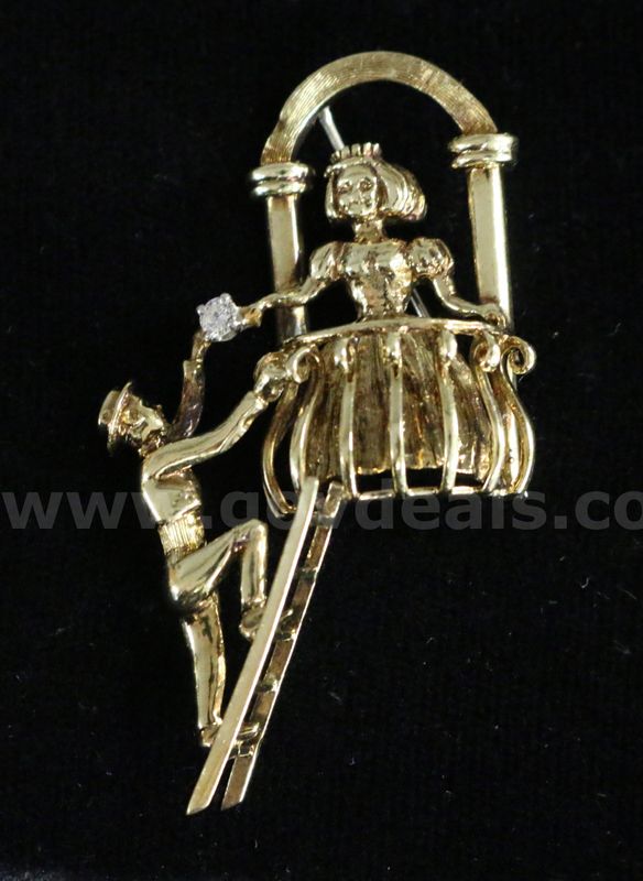 14k Yellow Gold Romeo and Juliet Balcony Scene Brooch with Diamond, 9.7 Grams