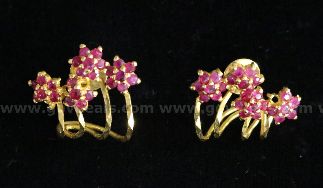 22k Yellow Gold Ear Cuff Style Earrings with Rubies, 9.4 Grams
