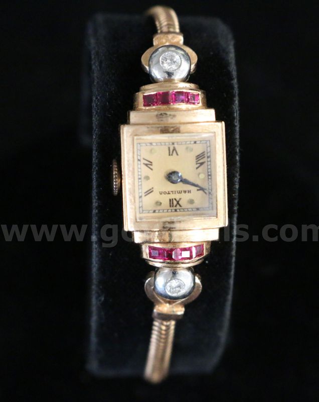 Vintage Ladies Hamilton 14k Rose Gold Watch with Rubies and Diamonds, 12.9 Grams