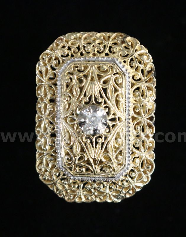 Vintage 14k Yellow Gold Filigree Dome Style Ring with Diamond, 13.3 Grams