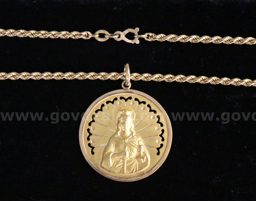 18k Yellow Gold Rope Chain Necklace and Saint Barbara Pendant, 18.8 Grams