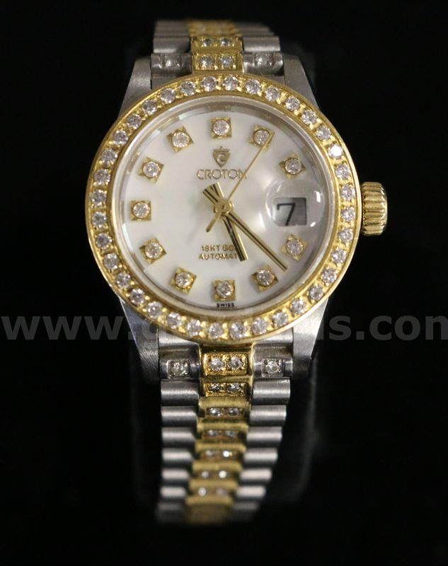 Ladies Stainless Steel and 18k Yellow Gold Automatic Croton Watch with Diamonds