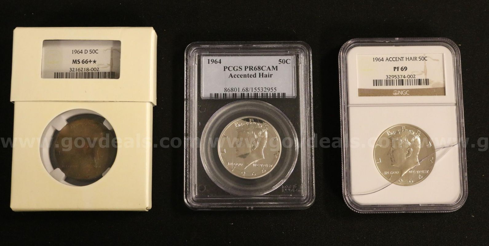 3 Graded/Slabbed U.S. Silver Kennedy Half Dollar Coins, Accented Hair and Toning