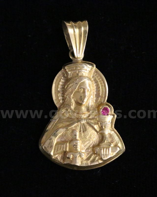 18K Yellow Gold Virgin Mary Pendant With Red Stone, 9.6 Grams