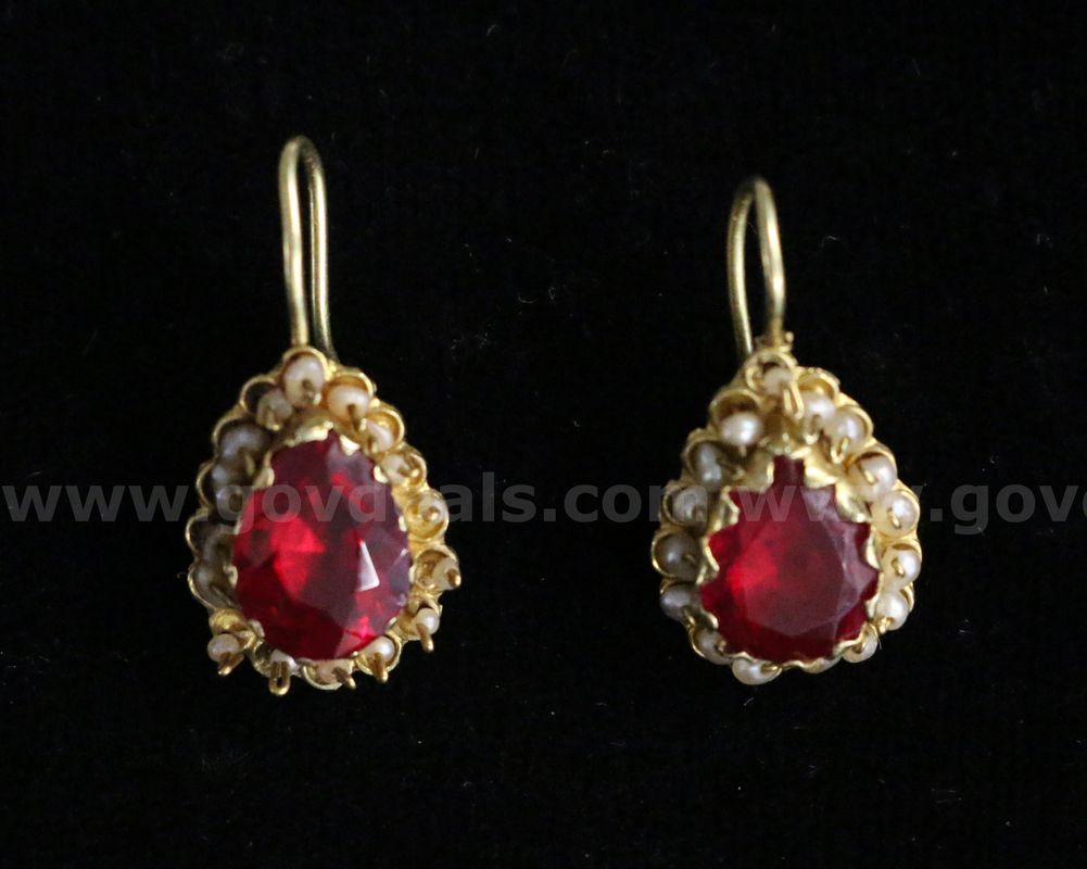 18K Yellow Gold Dangle Earrings With Red & Pearl Stones, 4.4 Grams