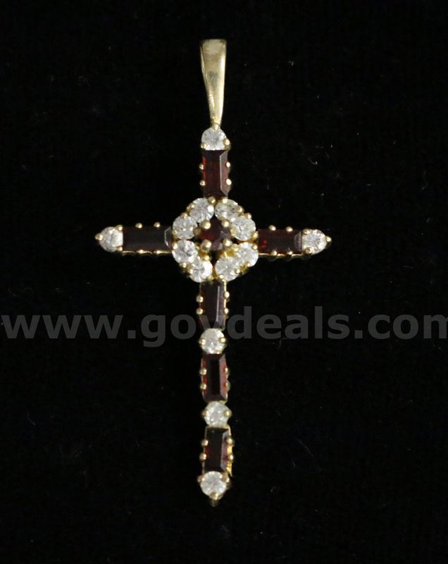 10K Yellow Gold Cross Pendant With Red Garnets & Cubic Zirconia's, 2.3 Grams