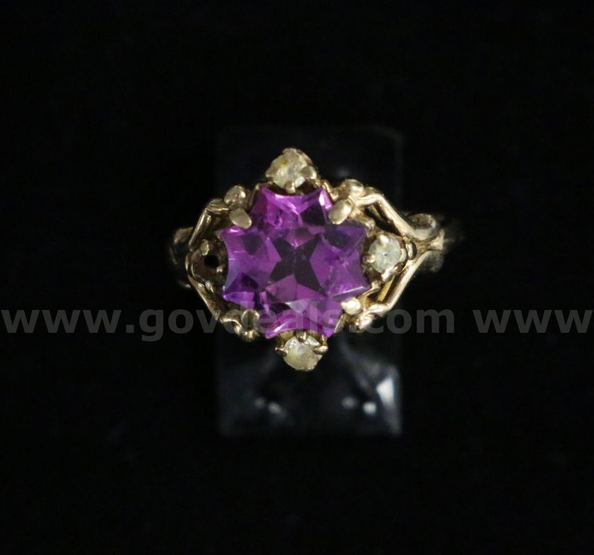 10K Yellow Gold Fashion Ring With Purple & Clear Stones, 4.1 Grams