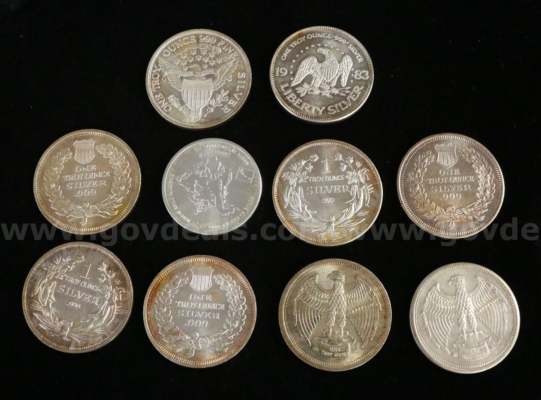 10 Assorted 1 Ounce Silver Round Coins, 313.2 Grams