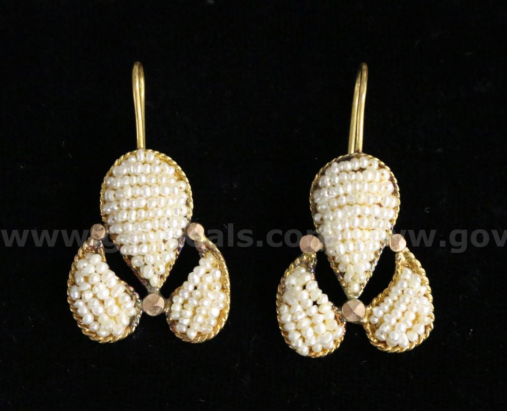 18K Yellow Gold Dangle Design Earrings With Seed Pearls, 6.3 Grams