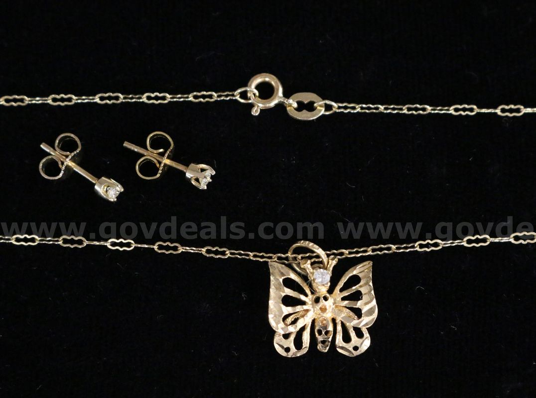 14K Yellow Gold Necklace With Butterfly Pendant & Diamond Stud Earrings, 3.3 TGW