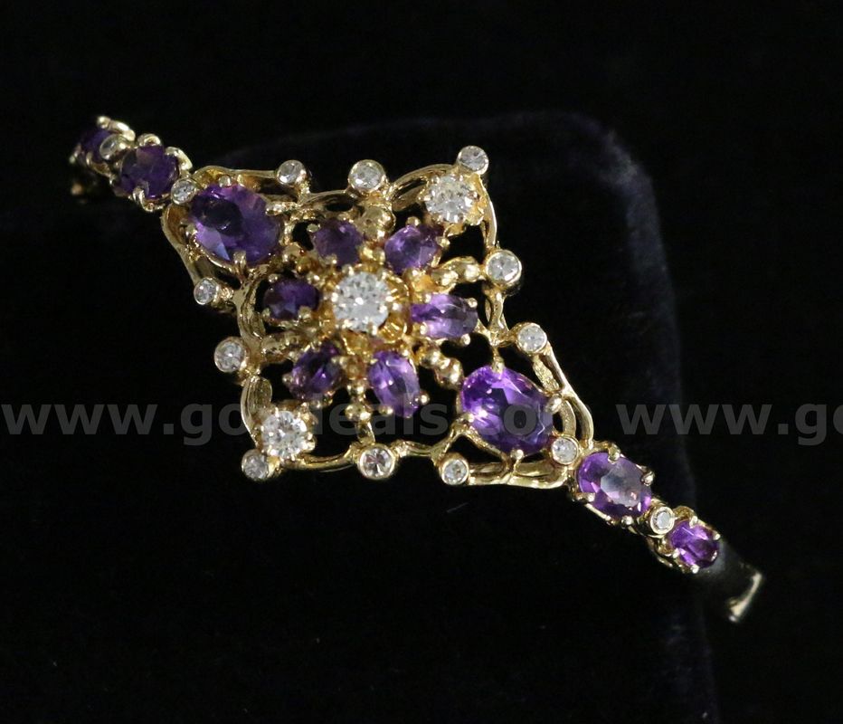 14K Yellow Gold Hinged Diamond Bangle Bracelet With Amethyst Stones, 20.8 Grams