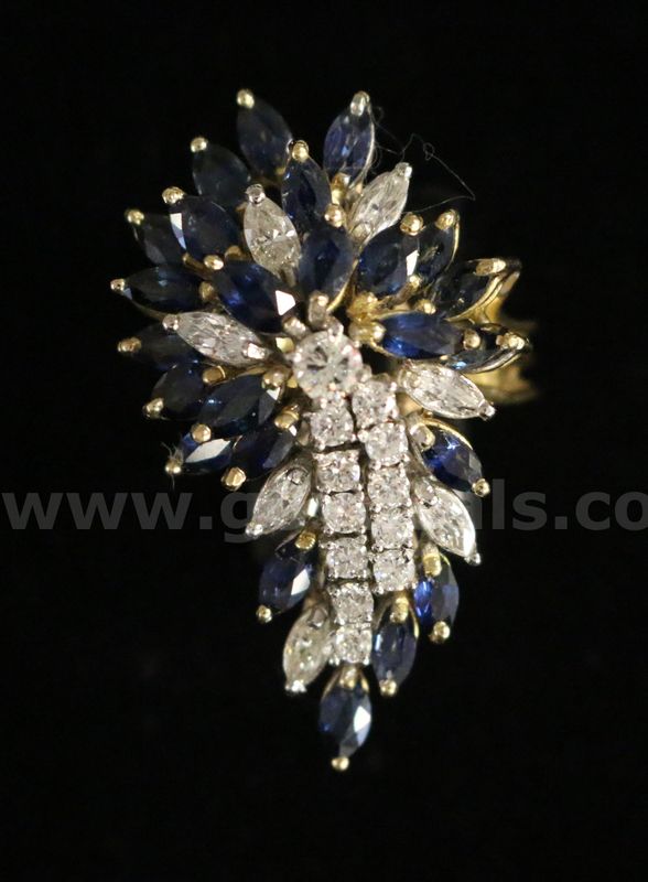 18K Yellow Gold Waterfall Design Ring With Sapphires & Diamonds, 14.9 Grams