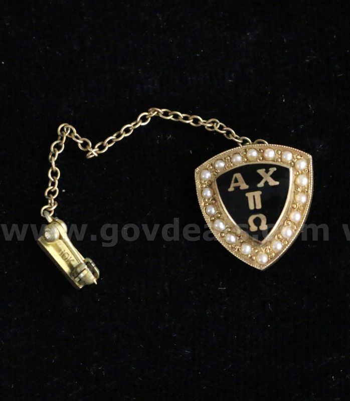 10K Yellow Gold Alpha Chi Pi Omega Pin W/Seed Pearls, 4.2 Grams