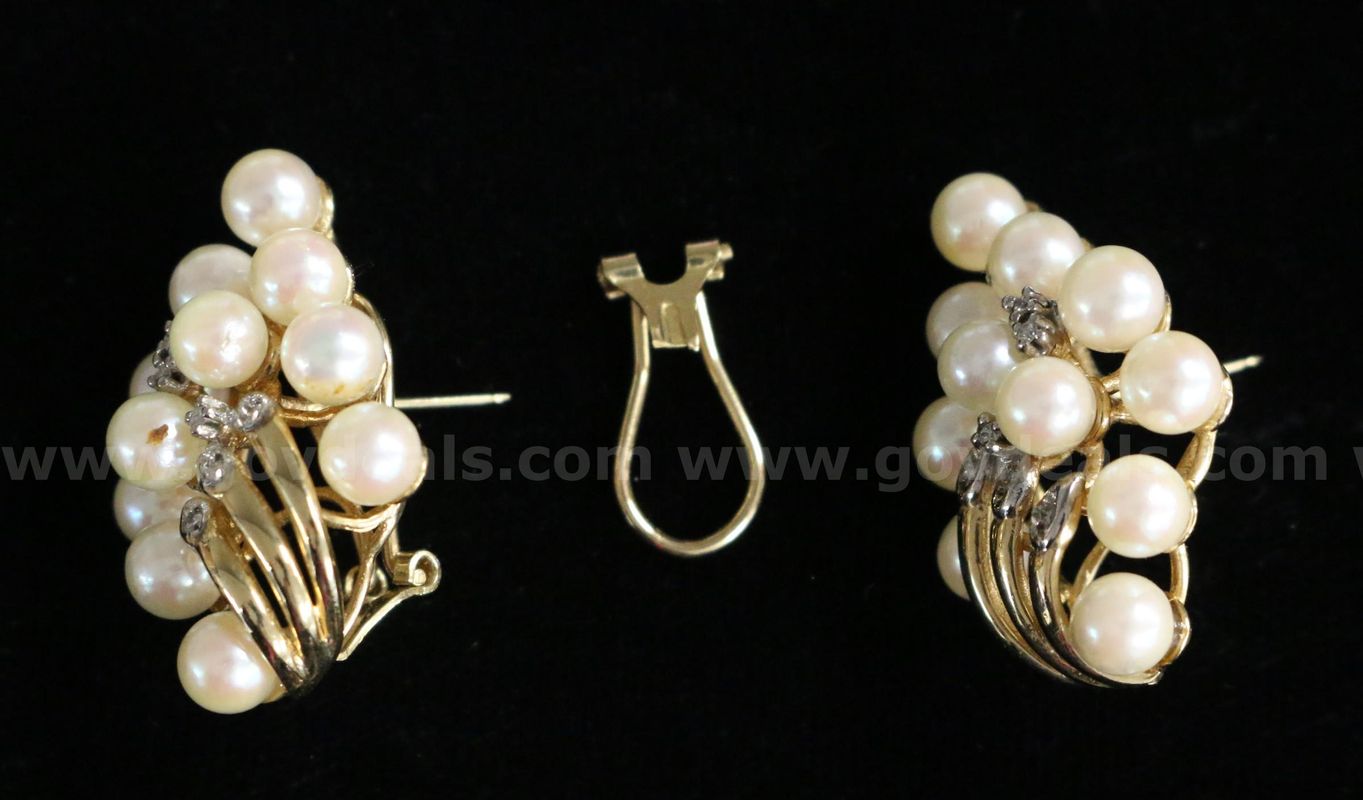 14K Yellow Gold Akoya Pearl & Diamond Earrings, 14.9 Grams