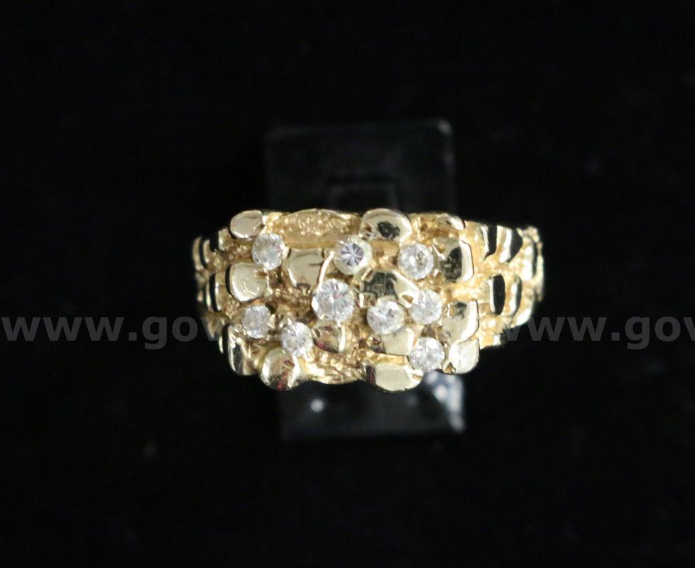 14K Yellow Gold Nugget Ring With Diamonds, 8.9 Grams