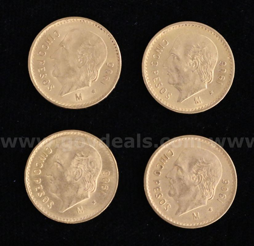 4- 1906 Mexico Gold Cinco Peso Coins, 16.4 Grams