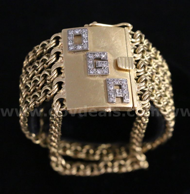 18K Yellow Gold 5 Strand Double Curb Link Bracelet W/Diamond Clasp, 95.8 Grams