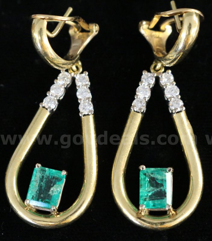 18k Yellow Gold Dangle Hoop Earrings with Emeralds and Diamonds, 9.2 Grams