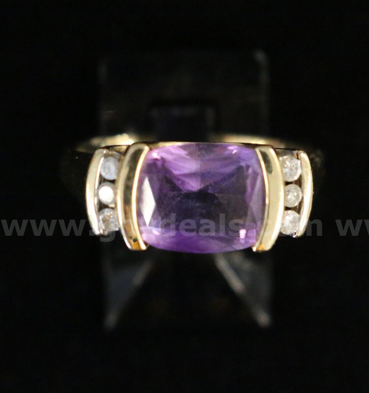 14K Yellow Gold Diamond Ring With Cushion Cut Amethyst Stone, 4.1 Grams