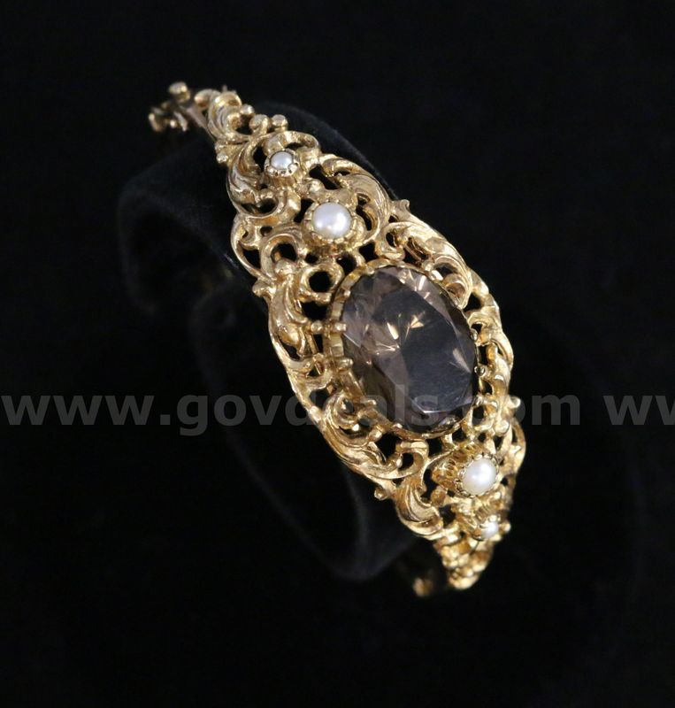 9K YG Victorian Design Hinged Bracelet With Smokey Quartz & Pearl Stones, 23.7G