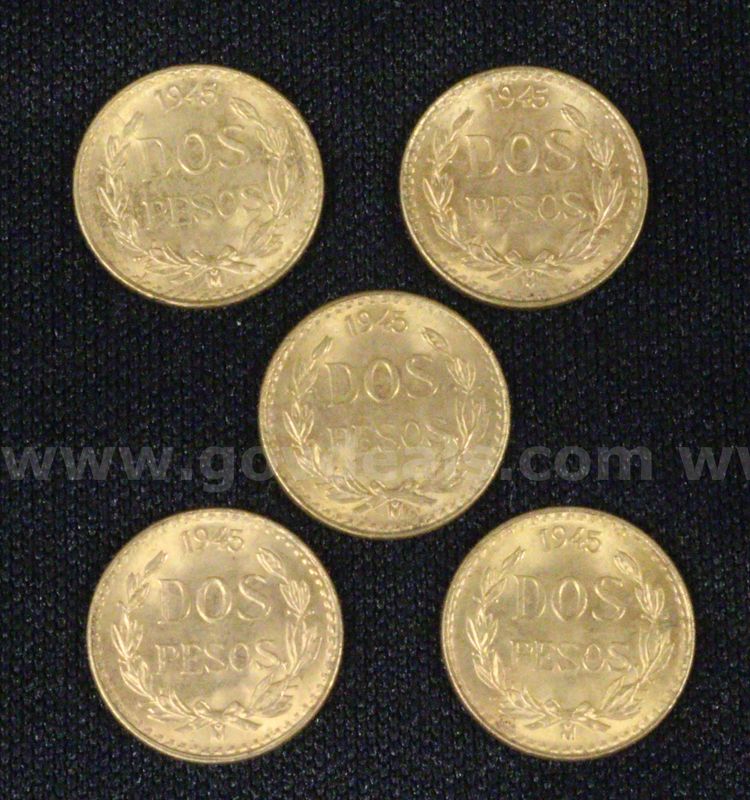 5- 1945 Mexico Dos Pesos Gold Coins, 7.5 Grams