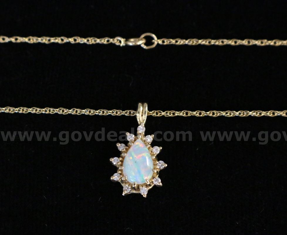 14K Yellow Gold Necklace With Opal & Diamond Pendant, 3.2 Grams