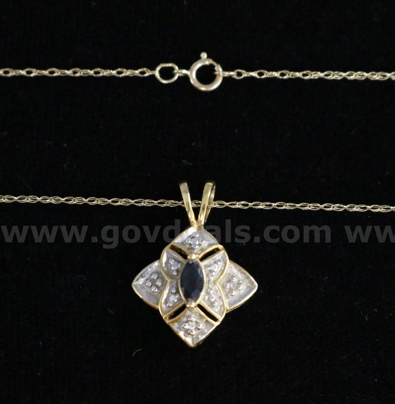 10K YG Necklace With Diamond & Marquise Cut Blue Stone Pendant, 2.6 Grams