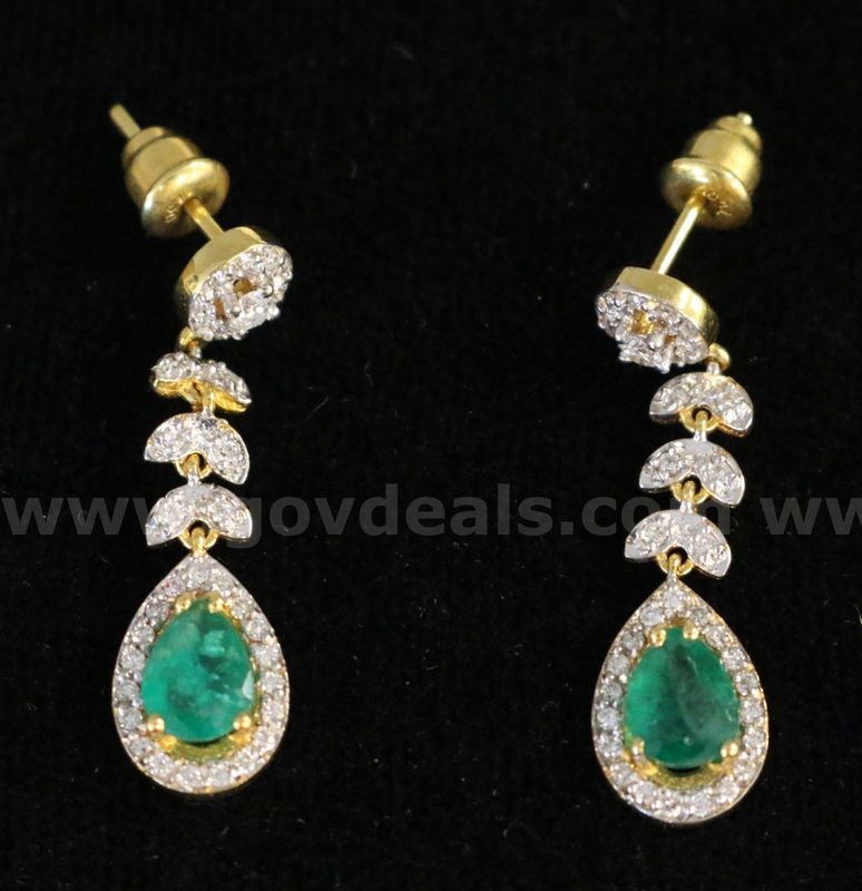 18k Yellow Gold Tear Drop Dangle Earrings with Emeralds and Diamonds, 4.8 Grams