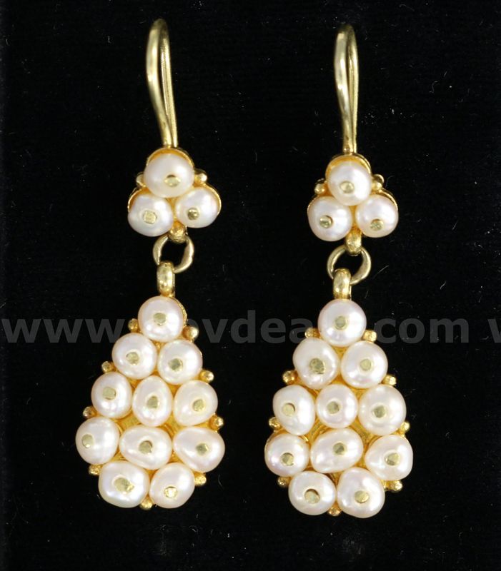16K Yellow Gold Dangle Design Earrings With Seed Pearls, 9.9 Grams