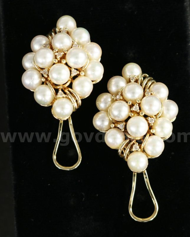 14K Yellow Gold Akoya Pearl & Diamond Earrings, 13.5 Grams