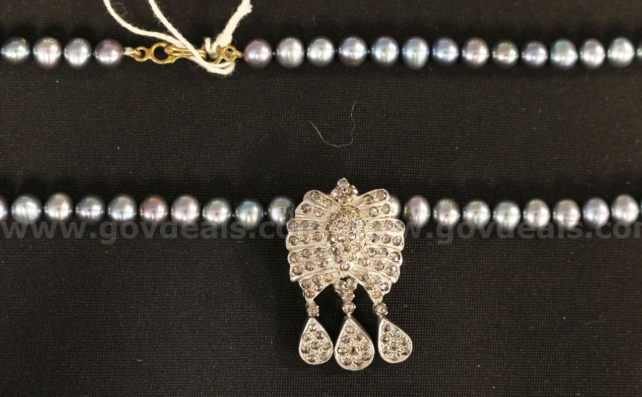 Strand Off-Round Dyed Black Cultured Freshwater Pearls, Silver Diamond Pendant