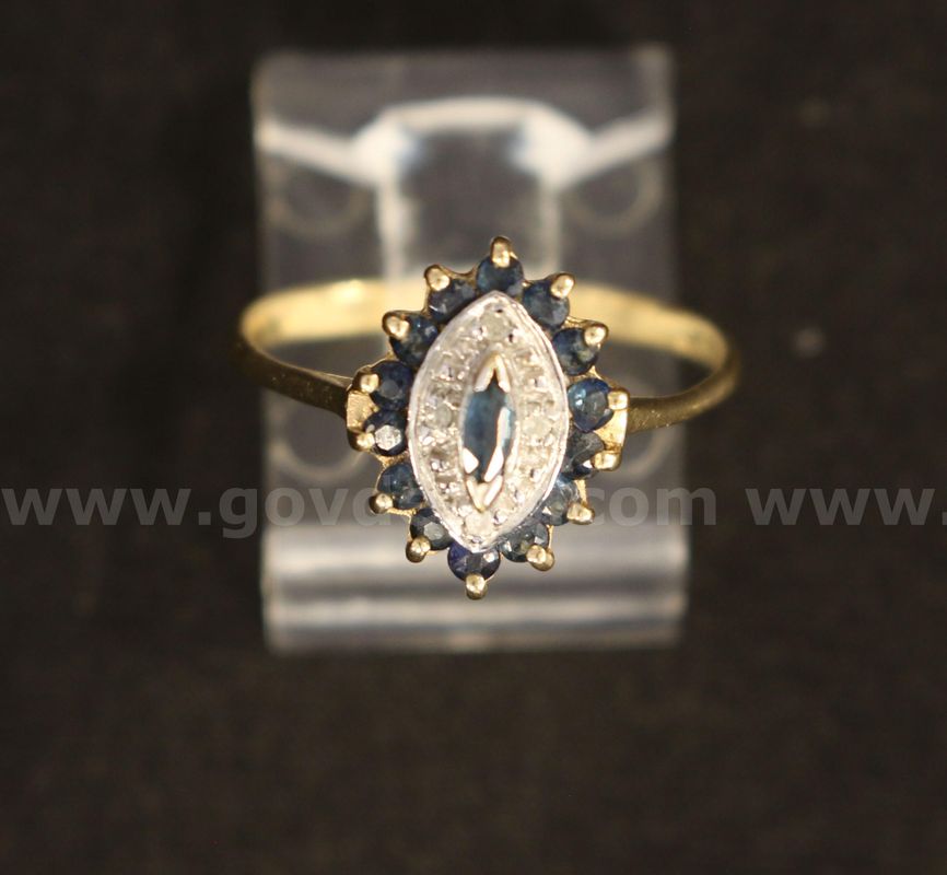 10K Yellow Gold Diamond Ring With Blue Sapphire Stones, 1.7 Grams