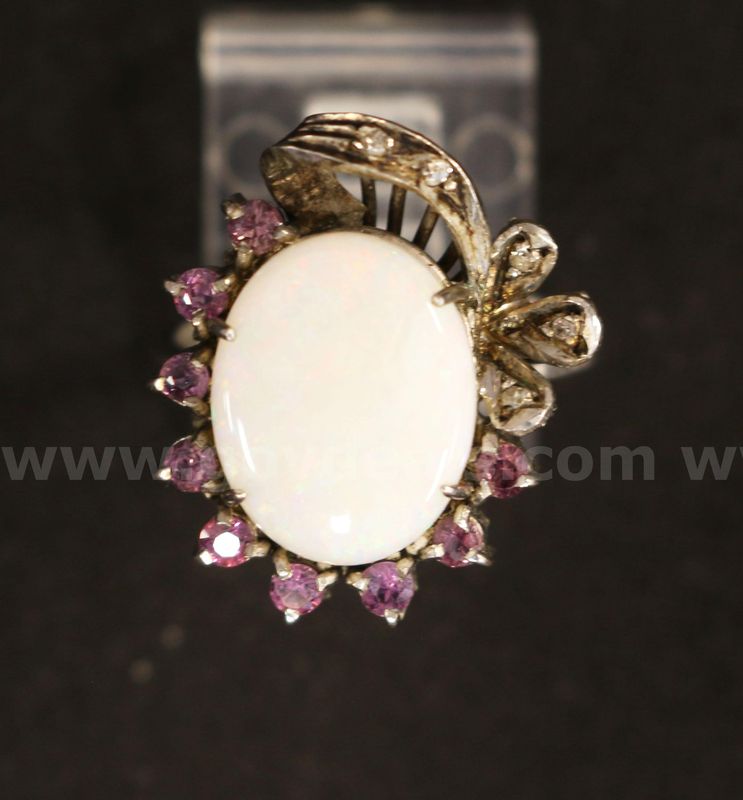 Sterling Antique Diamond Ring With Opal Stone & Pink Rhinestones, 6.5 Grams