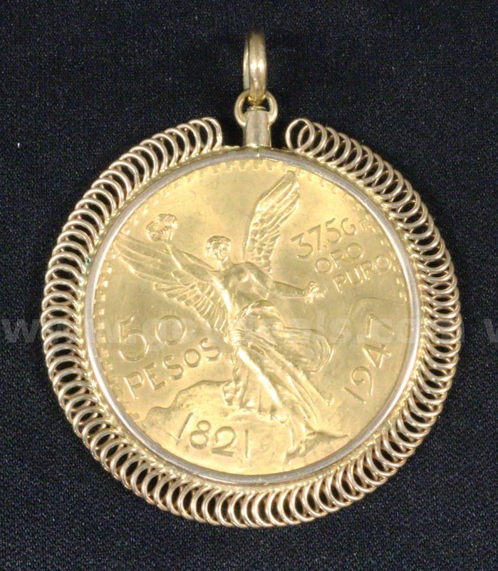 1947 Gold Mexico 50 Peso Coin in 14k Yellow Gold Pendant Bezel, 49.3 Grams