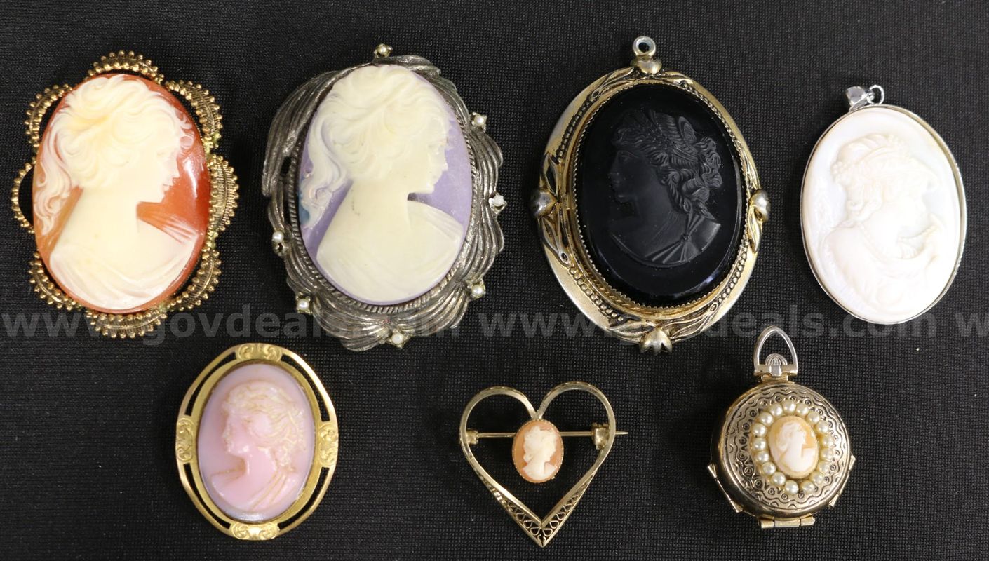 7 Assorted Gold & Silver Tone Cameo Pins & Pendants