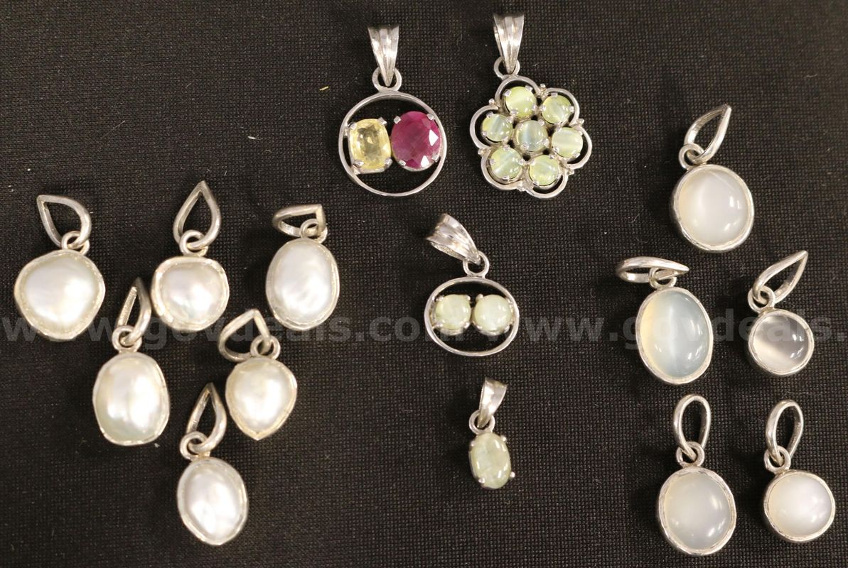 14 Assorted Sterling Silver Pendants With Colored Stones, 41.2 Grams