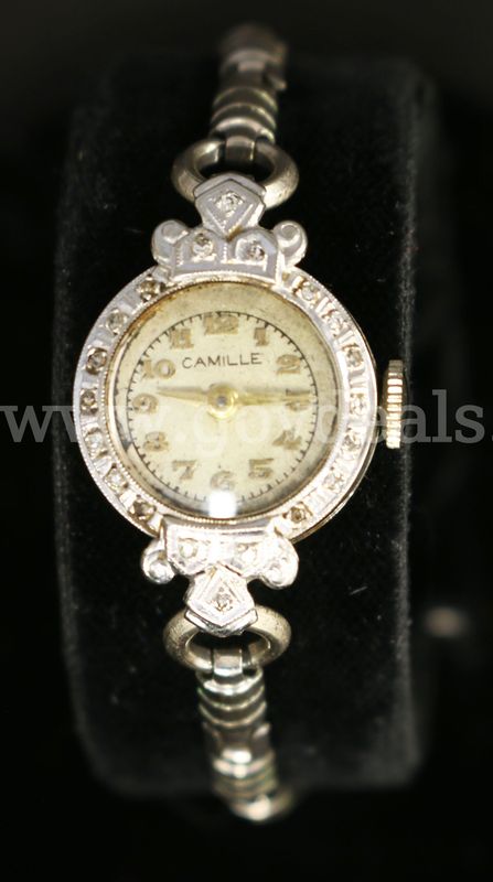 Vintage Ladies Camille 17 Jewel 14K W/G Case W/Diamonds & 12K Gold Filled Band