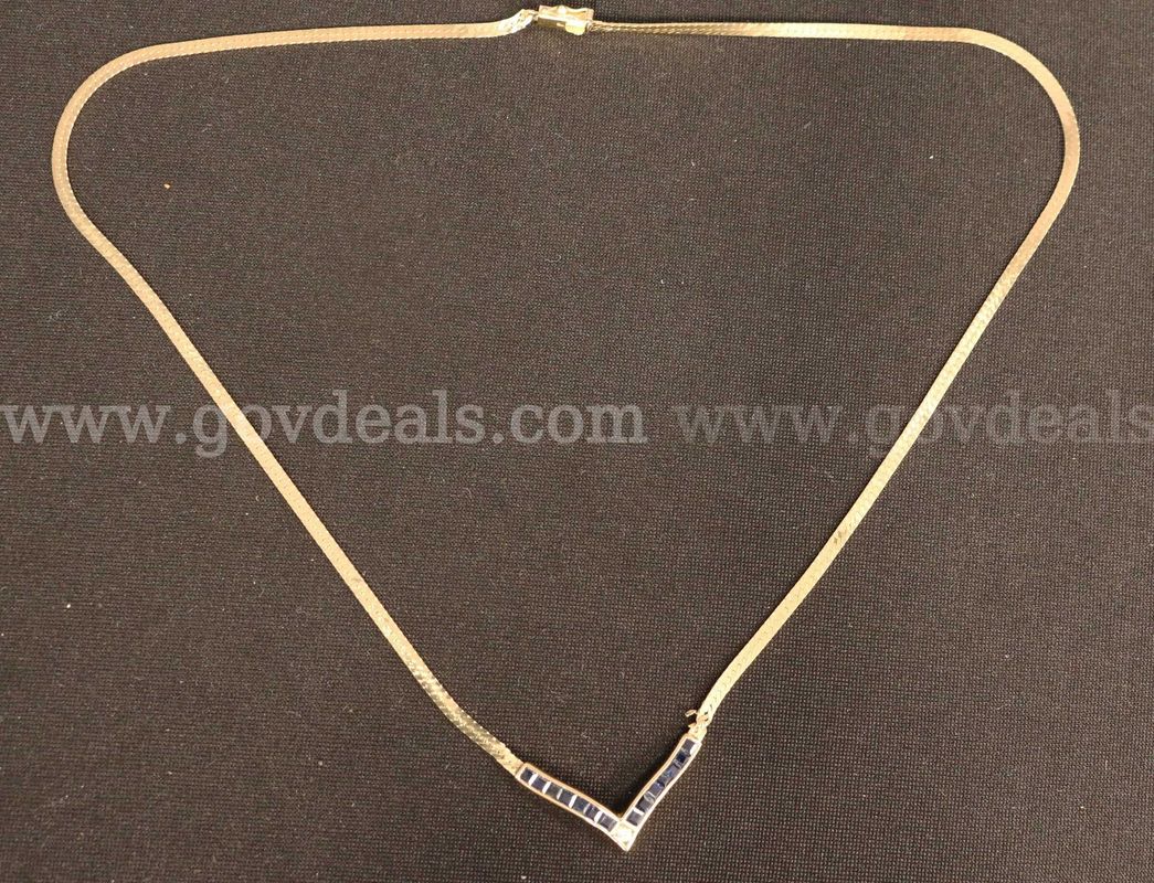 14K YG Diamond Herringbone Design Necklace With Blue Sapphire Stones, 6.7 Grams