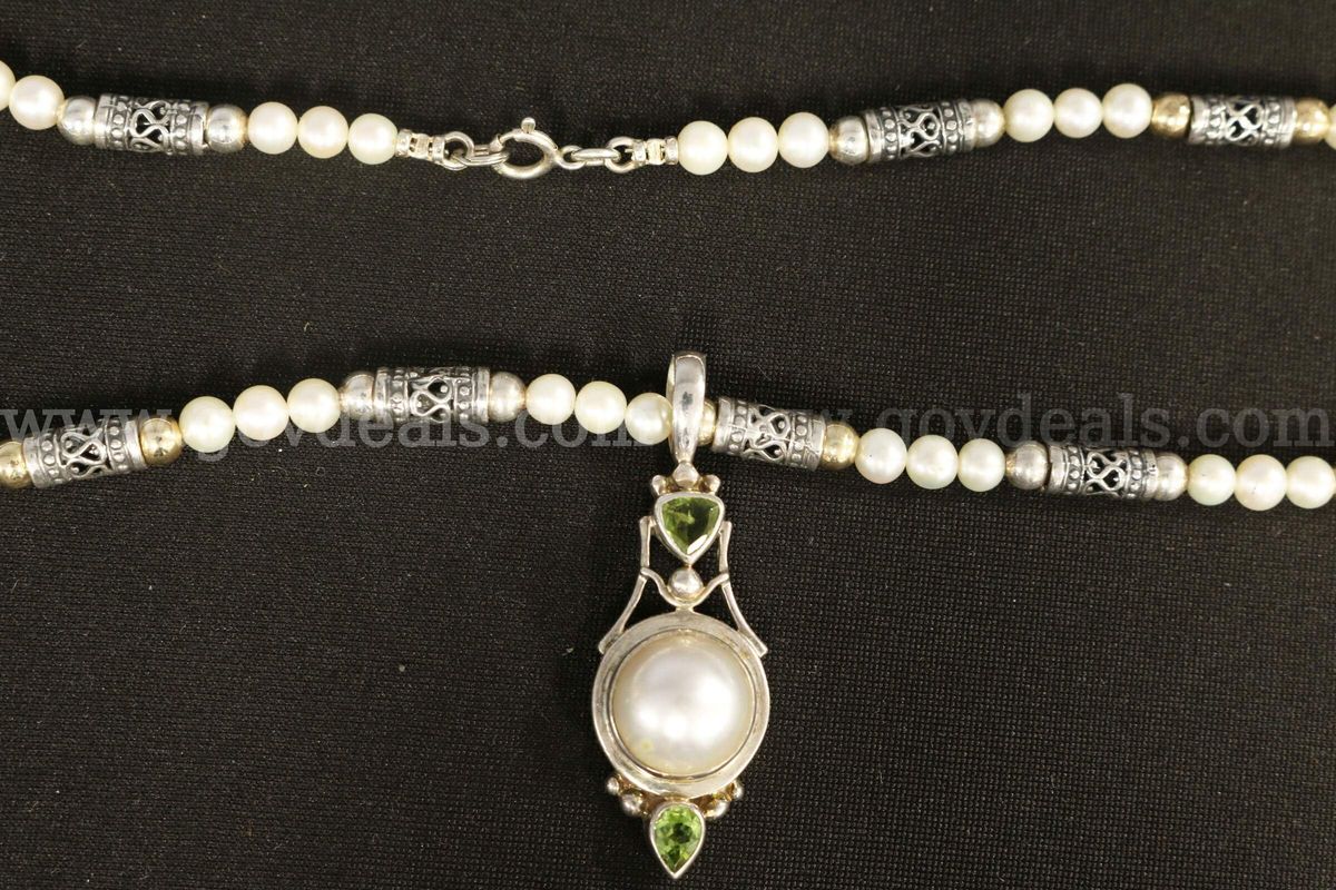 Strand Of Pearls With Silver/14K Y/G Spacers & Silver Mabe Pearl Pendant
