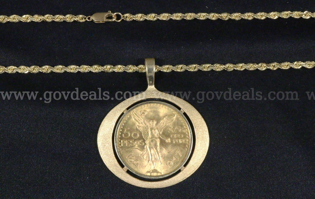 1947 Gold Mexico 50 Peso Coin Set In 14K YG Bezel & 14K Rope Necklace, 97.0 TGW