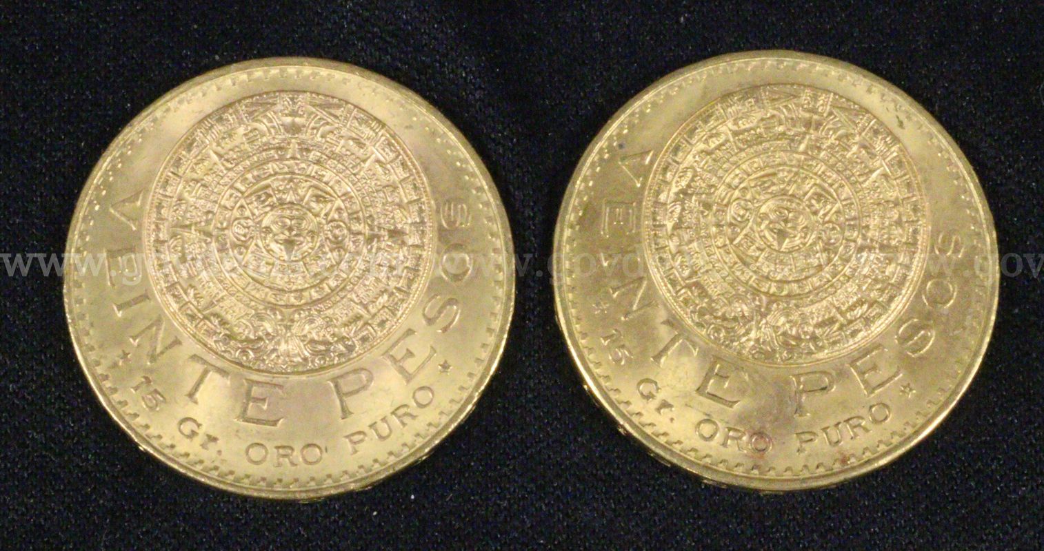 2-1959 Mexico Veinte Pesos Gold Coins, 33.2 Total Grams Weighed