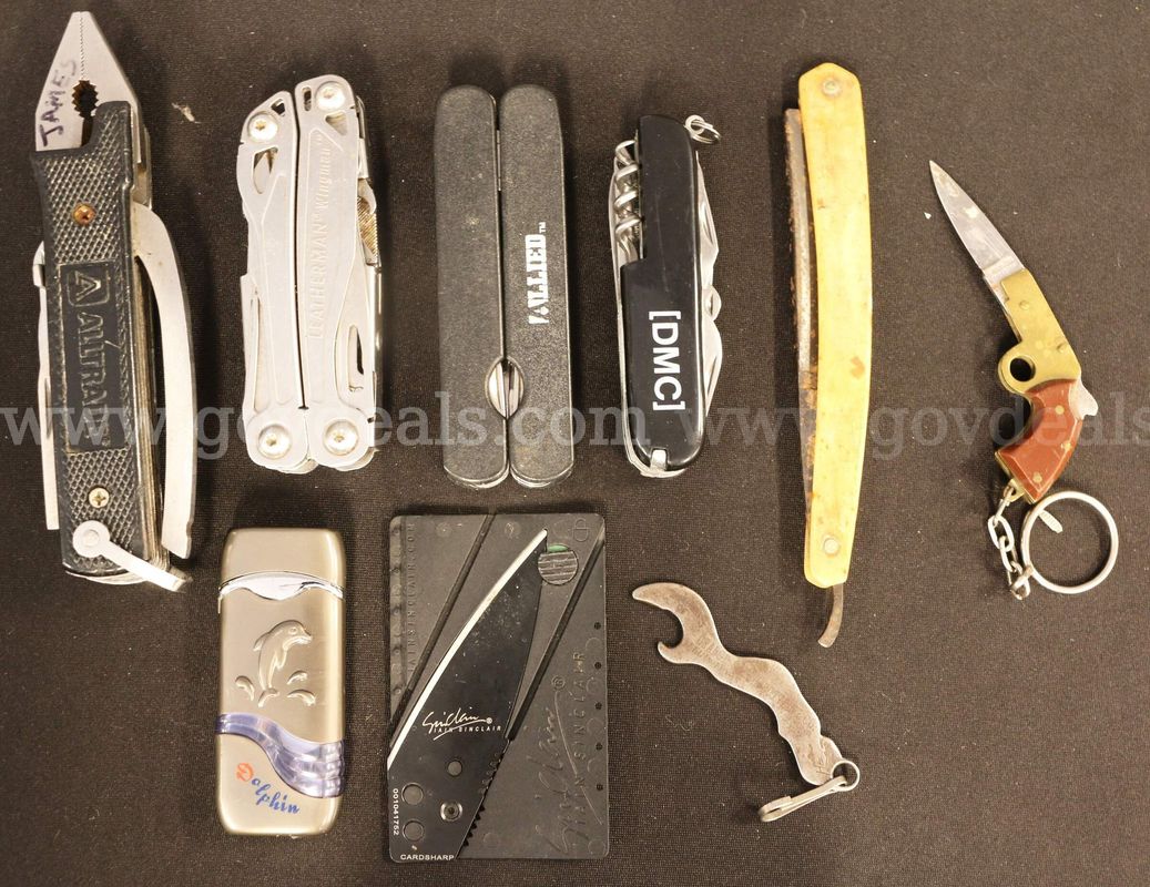 9 Assorted Pocket Knives, Multi Tools, Bottle Opener & Lighter Lot