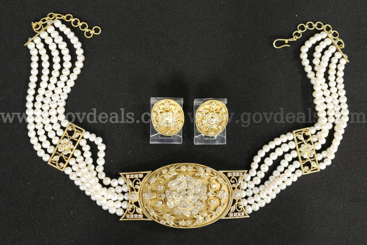18K Yellow Gold Pearl & Diamond Necklace & Earring Set, 73.9 Grams