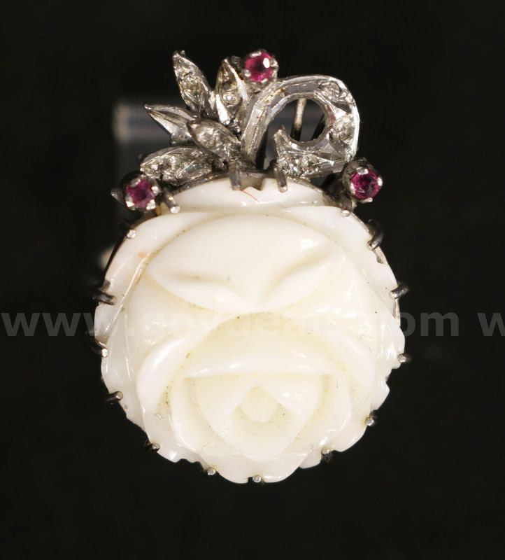 Sterling Silver Rose Motif Ring with Rubies and Diamonds, 9.1 Grams