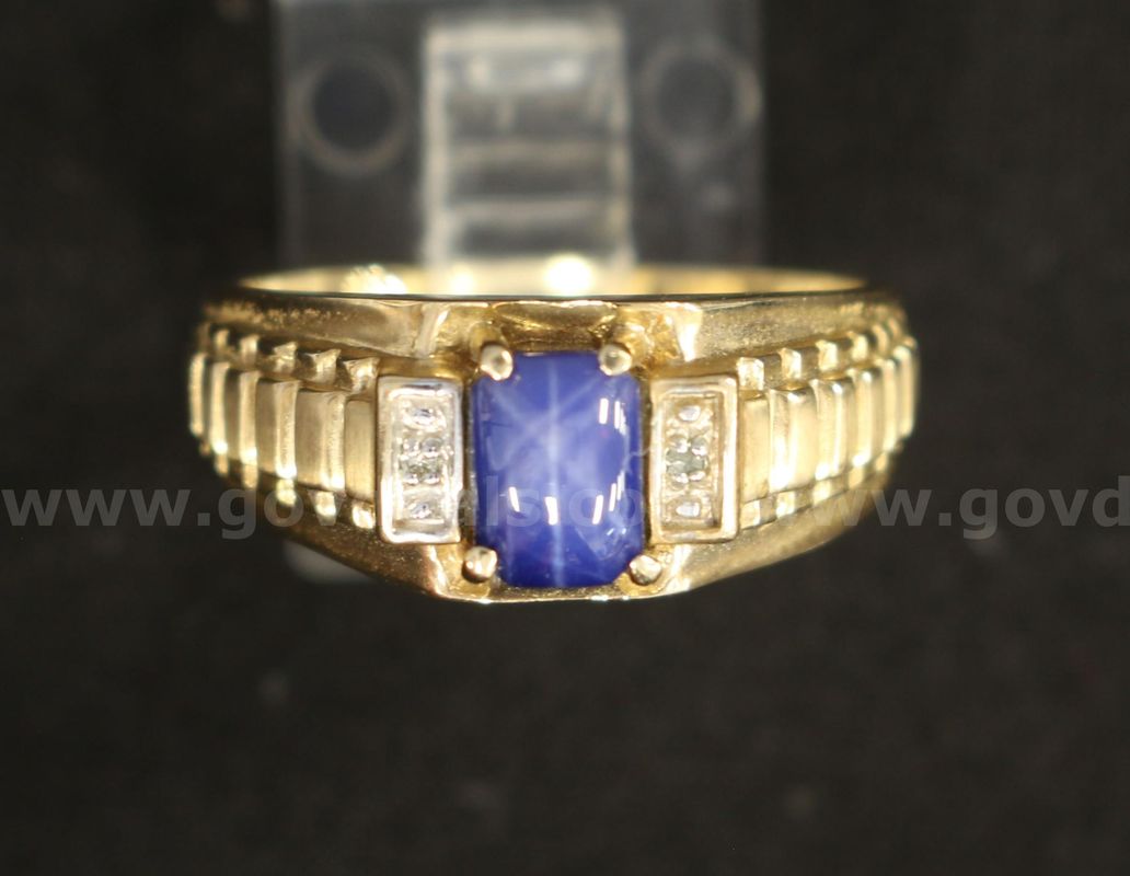 10K Yellow Gold Ring With Synthetic Blue Sapphire & Diamonds, 4.6 Grams