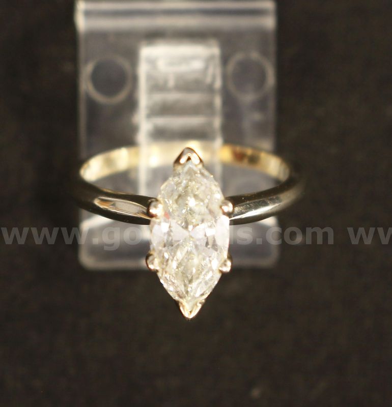 14K White Gold Solitaire Ring With 1.5 Carat Marquise Cut Diamond, 2.6 Grams