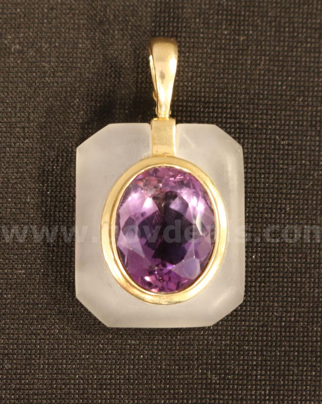 14k Yellow Gold Frosted Glass Enhancer Pendant with Amethyst, 7.3 Grams