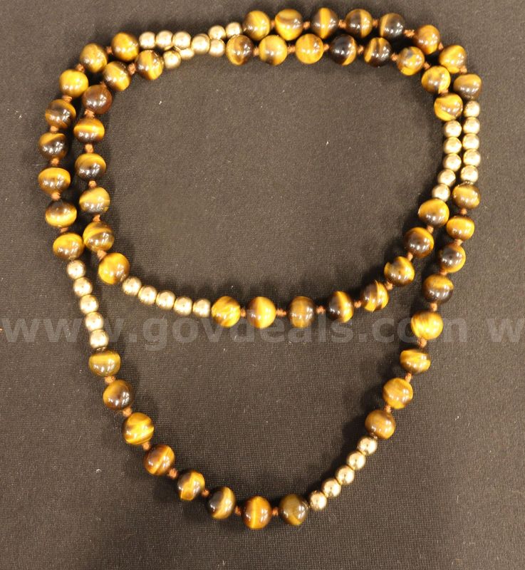 34" Strand Of Tigers Eye Beads With 16K Yellow Gold Beaded Spacers, 86.4 Grams