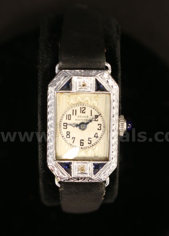 Vintage Bruner Master-Bilt 15 Jewel Watch 14K W/G Case W/Blue Stones & Diamonds